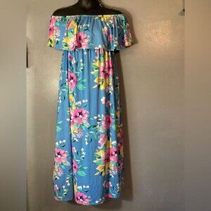 Blue Floral Strapless Maxi Dress